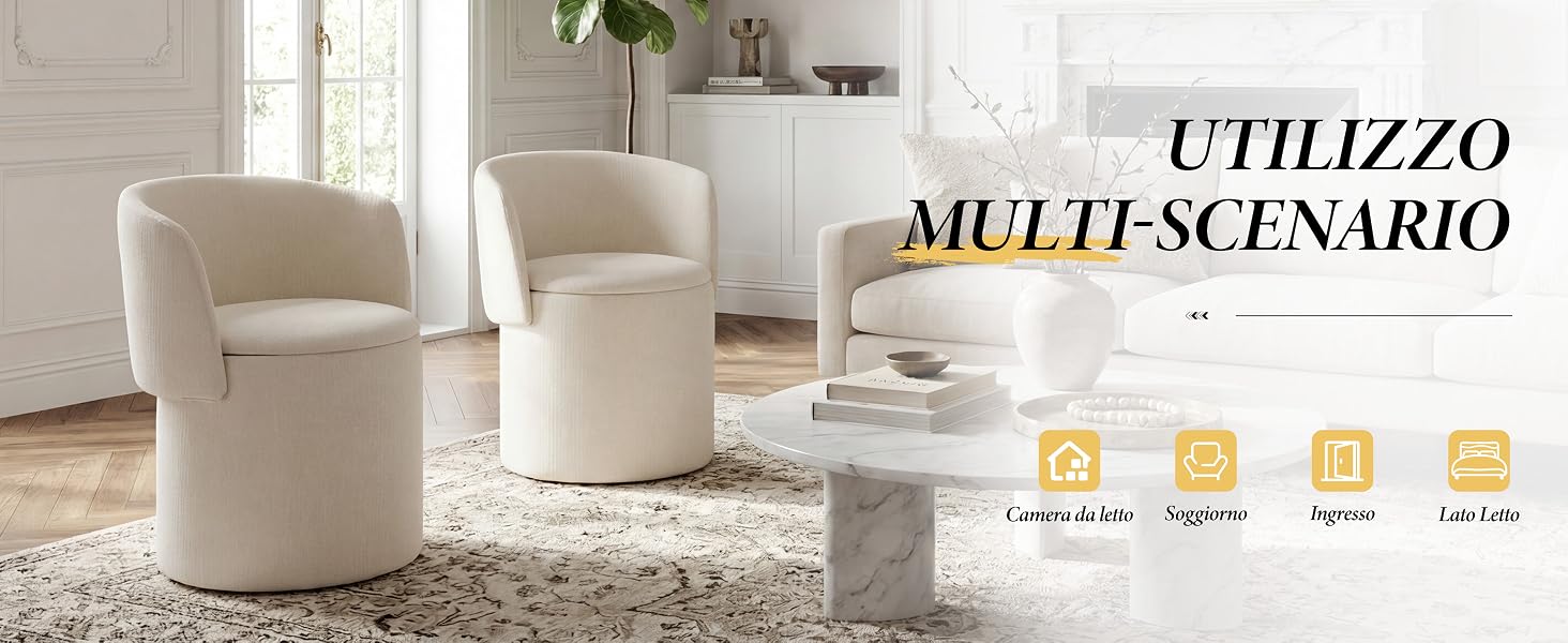 Il testo riporta «UTILIZZO» e «MULTI-SCENARIO». Interno del soggiorno con mobili bianchi con icone sovrapposte che indicano diversi scenari di utilizzo.