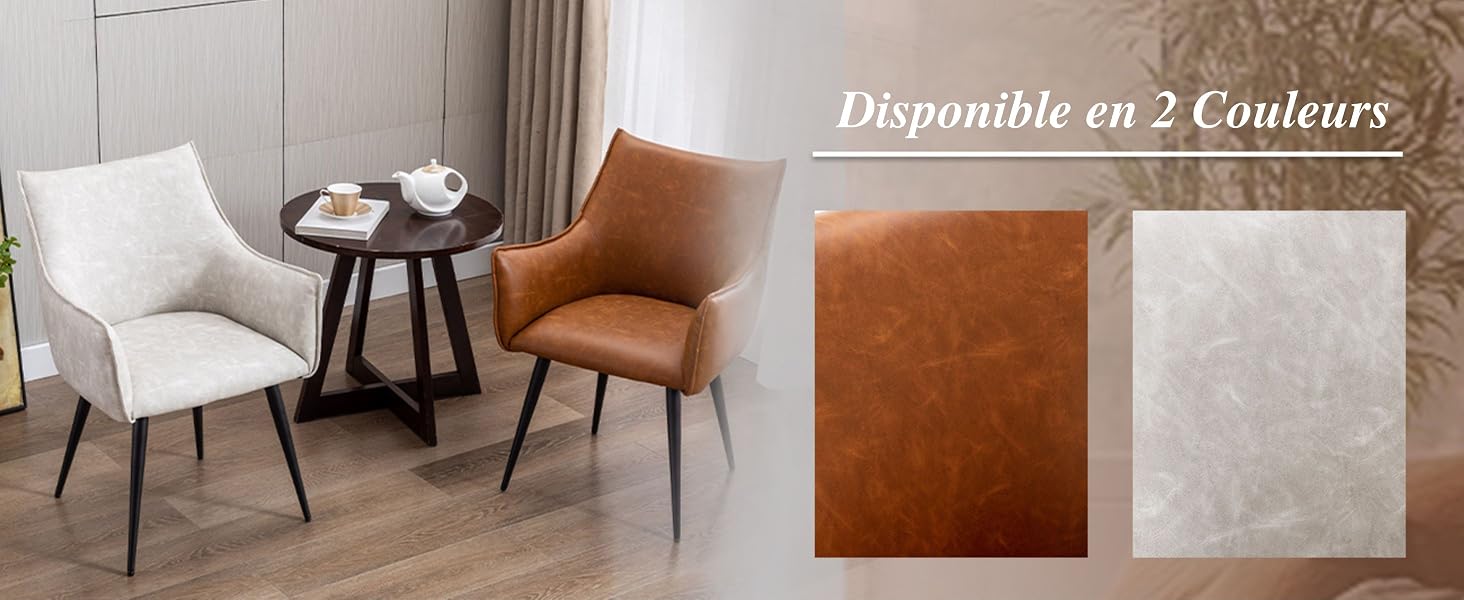 Deux chaises de salle à manger rembourrées, l'une beige et l'autre marron, avec pieds noirs inclinés. Petite table d'appoint ronde entre les deux. Les échantillons de couleurs indiquent les options de tissu disponibles