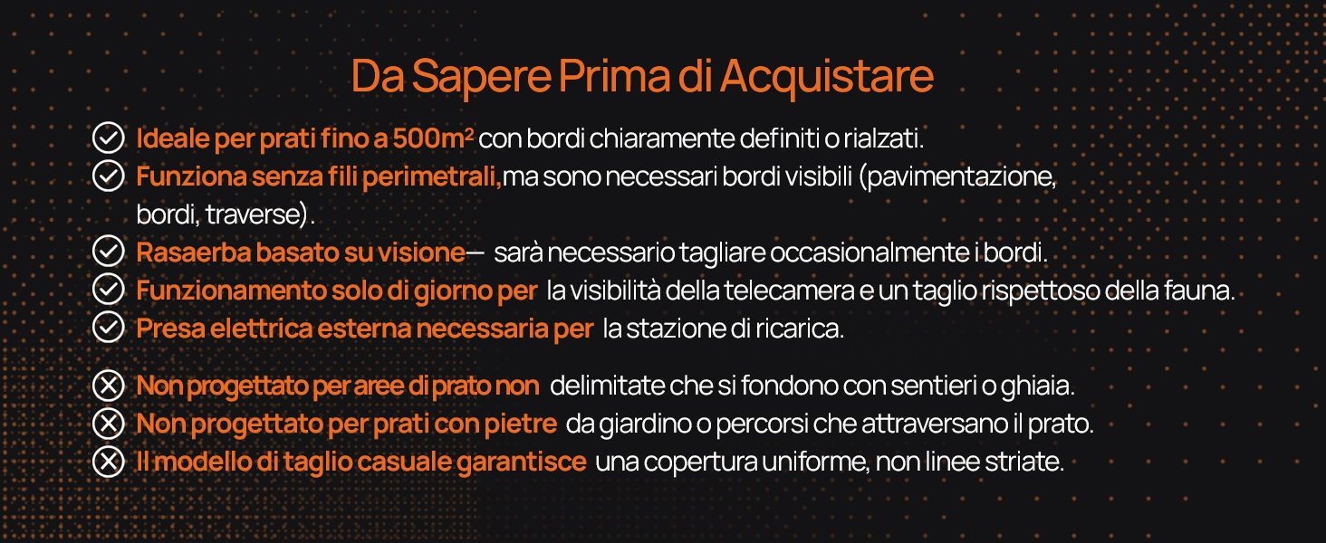 Il testo recita «Da Sapere Prima di Acquistare» seguito da diversi punti in italiano che descrivono le informazioni e le linee guida sul prodotto.