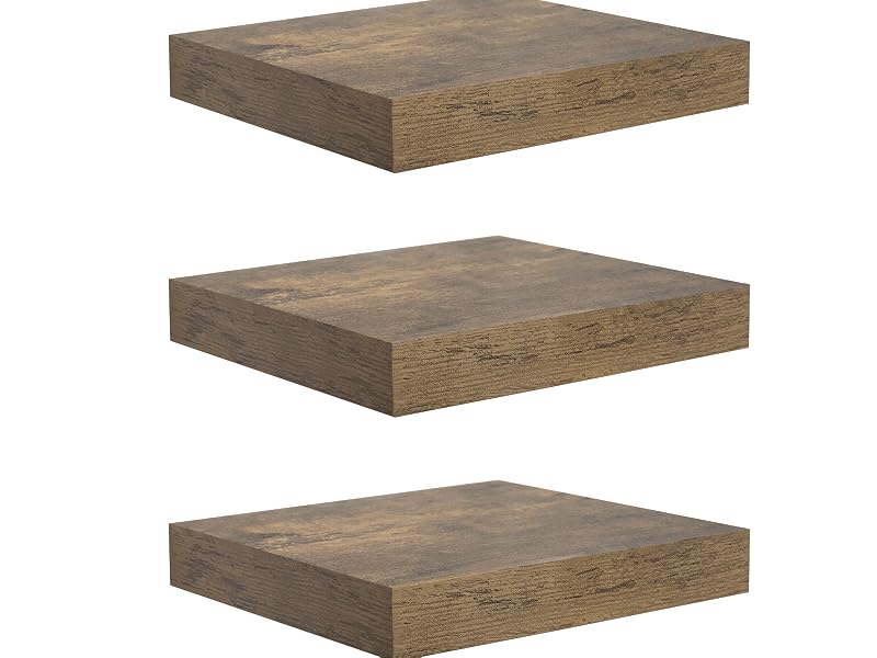 Three identical rectangular wooden floating shelves or panels shown from different angles, featuring a rustic brown finish and clean geometric design.