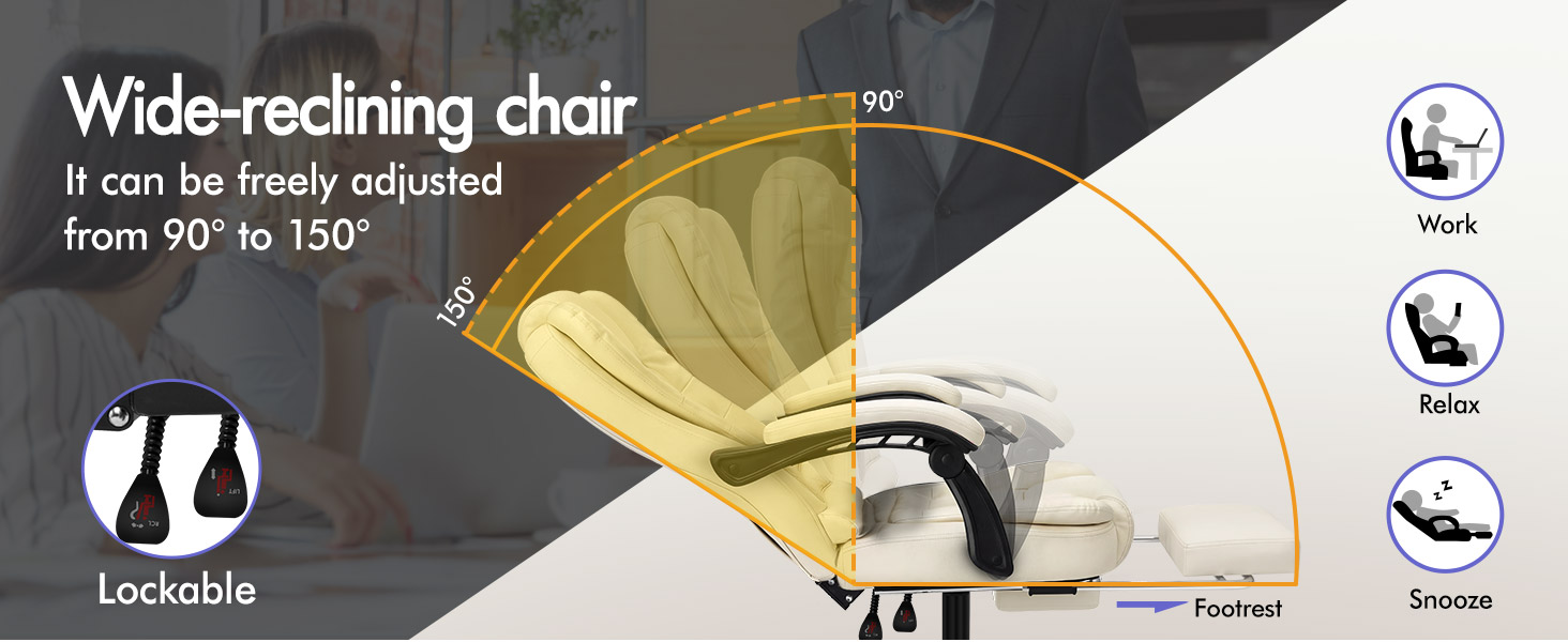 Text reads 'Wide-reclining chair', 'It can be freely adjusted from 90Đ±Ń to 150Đ±Ń', 'Lockable', 'Relax', 'Snooze', 'Footrest'. Yellow-green reclining chair with angle adjustment specification and function icons for different usage modes.