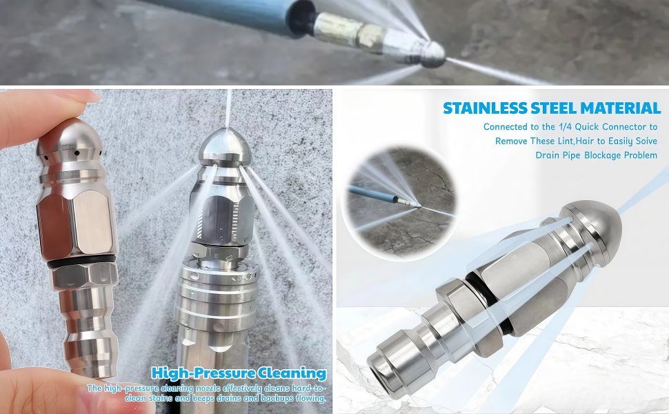 Text reads 'STAINLESS STEEL MATERIAL'. Multiple views of stainless steel hardware components and connectors shown in detail against light background.