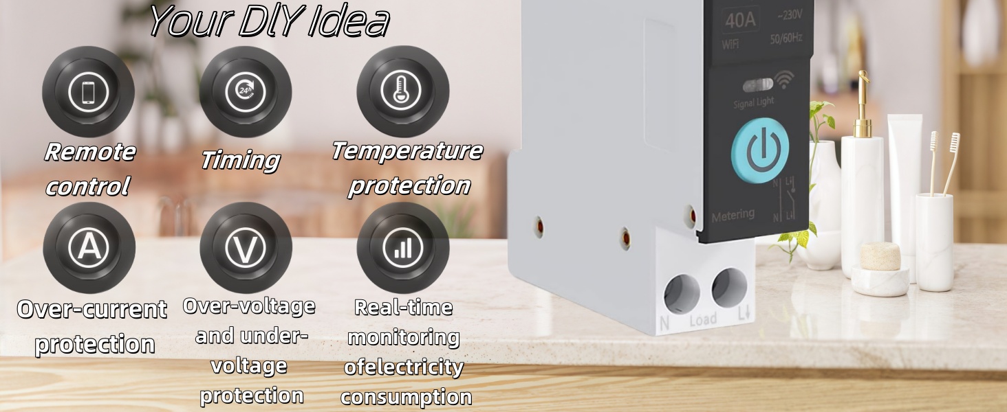 Smart home device with touchscreen interface displaying icons for remote control, timing, temperature protection, and other functions. Device has two electrical outlets on its side.