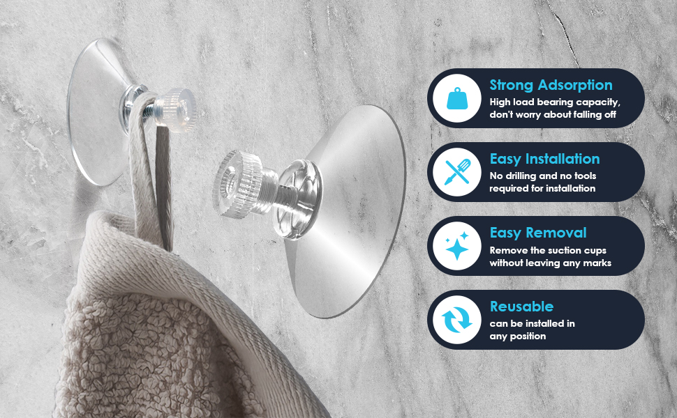 Installation guide showing suction cup hooks with four circular icons indicating: 'Simply Installation', 'Easy Installation', 'Easy Removal', and another installation-related step. Gray towel visible.