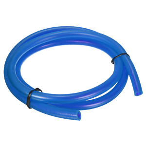 a blue plastic hose with a black band