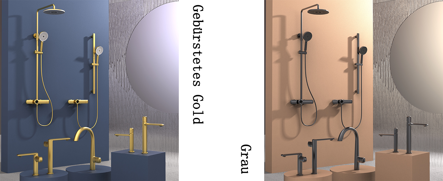 aux finitions dorées et noires. Comprend des pommes de douche à effet pluie, des pulvérisateurs portatifs et des robinets montés sur des murs carrelés bleus et beiges. Miroirs circulaires partiellement visibles.