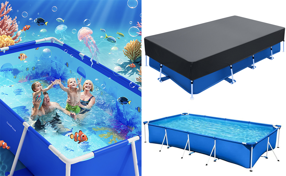 Plusieurs vues d'une piscine rectangulaire encadrée de bleu, montrant les étapes de montage et les personnes appréciant la piscine. La piscine est dotée d'une structure métallique robuste.