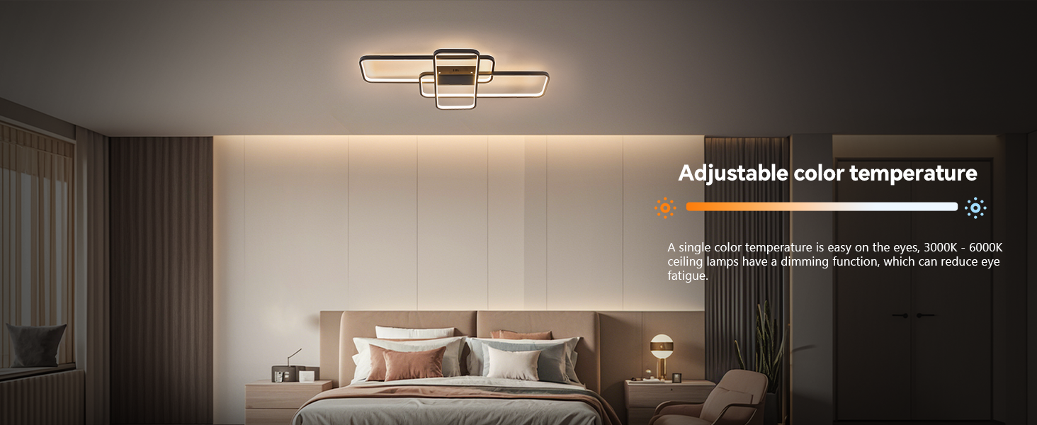 Moderne LED-Deckenleuchte im Schlafzimmer mit einstellbarer Farbtemperatur. Der Schieberegler für warmes bis kaltes Licht wird auf dem Bild angezeigt