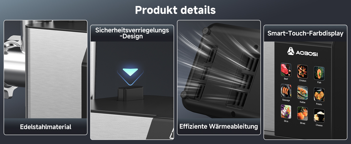 Reihe moderner Elektro- oder Elektronikgeräte mit Digitalanzeigen in dunklen Gehäusen, die Menüschnittstellen und Bedienfelder anzeigen.