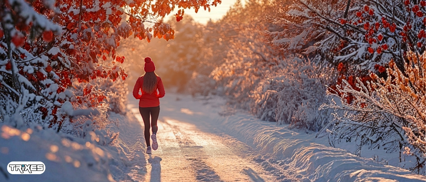 Snow-covered path through trees with warm sunset lighting creating orange glow on snowy landscape.