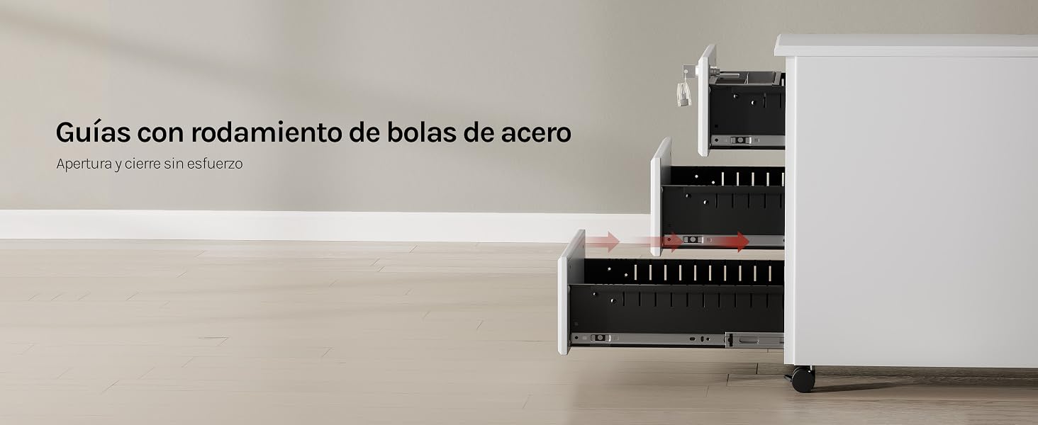 con correderas de acero con rodamientos de bolas, con tres cajones abiertos de tamaño creciente. La unidad tiene un exterior blanco y cajones interiores oscuros.