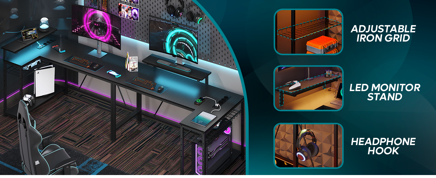 Configuration de bureau gaming avec caractéristiques mises en évidence : grille en fer réglable, support d'écran LED et crochet pour casque. Surface en bois foncé avec accents lumineux violets et bleus.