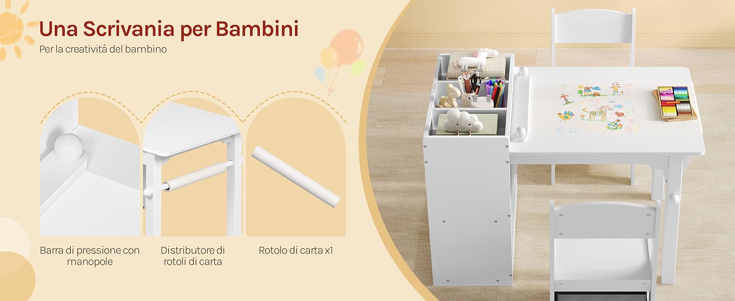 Il testo recita: 'Una Scrivania per bambini'. Diagramma tecnico che mostra la scrivania regolabile per bambini con misure e diverse visualizzazioni di configurazione.
