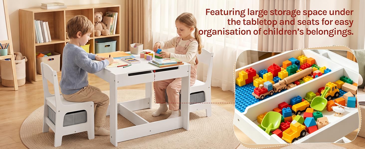 Text reads 'Featuring ample storage space under the tabletop and open sides for easy organization of children's belongings.' Child's white desk with integrated storage shown with colorful toy organizer containing balls and blocks.