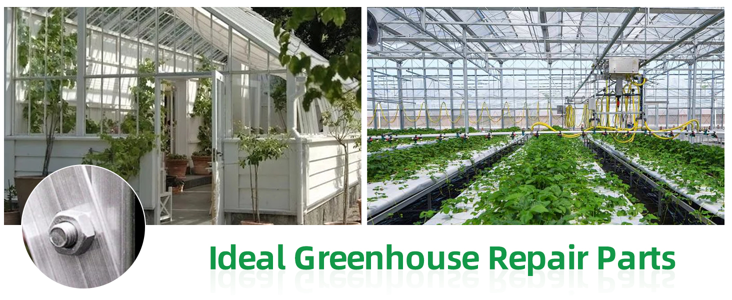 Text reads 'Ideal Greenhouse Repair Parts'. Multiple greenhouse interior images showing glass panels, structural frames and repair components.