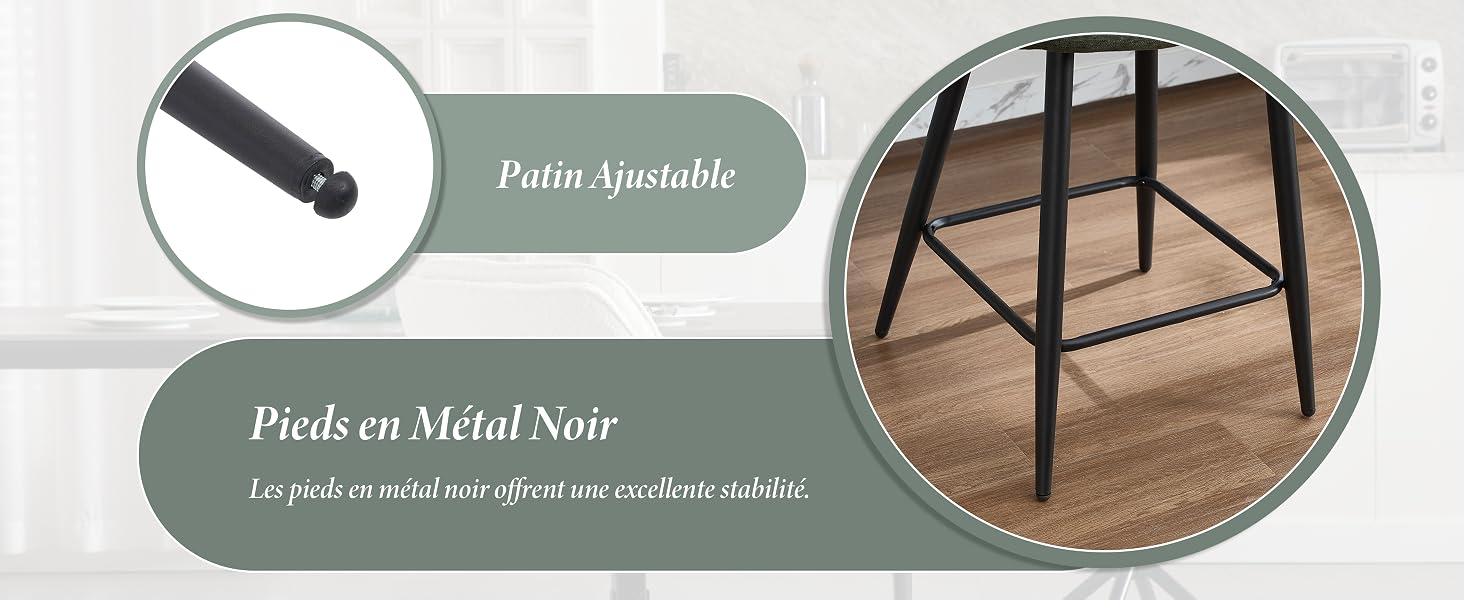 Le texte indique « Patin ajustable » et « Pieds en Metal Noir ». Image répétée de pieds de meuble réglables en métal noir avec des vues circulaires détaillées.