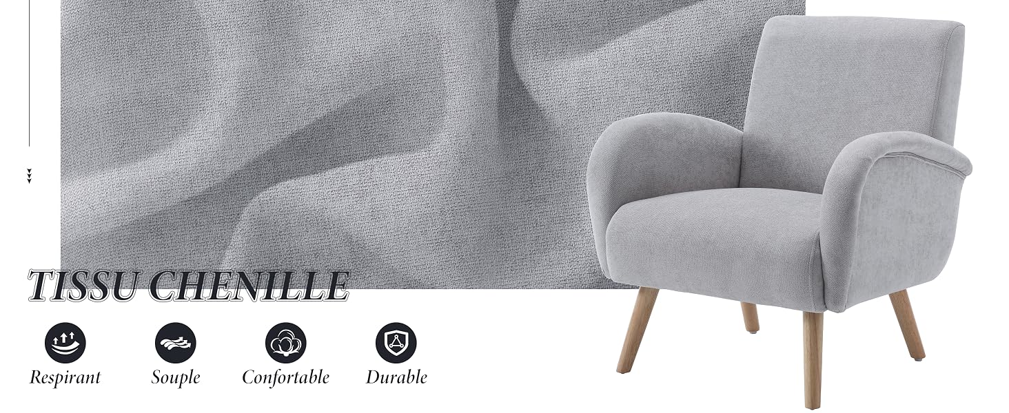 Fauteuil gris avec accoudoirs incurvés et pieds en bois, illustré à côté d'un échantillon de tissu. Le texte surligné comporte : « Tissu chenille » avec des icônes pour « Résistant », « Simple », « Confortable » et « Durable ».