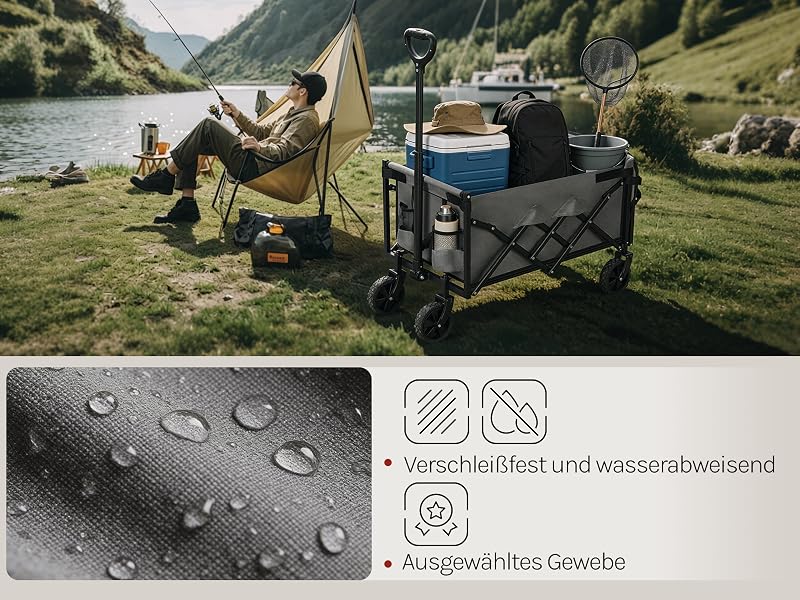 Top: Paare campen am malerischen See mit Zelt und sanften Hügeln. Unten: Wassertröpfchen auf der Oberfläche mit Symbolen mit der Aufschrift „Verschleißfest und wasserbeständ“ und „Ausnahfluss Geweobe“, die auf verschleißfeste, wasserfeste Eigenschaften hinweisen.