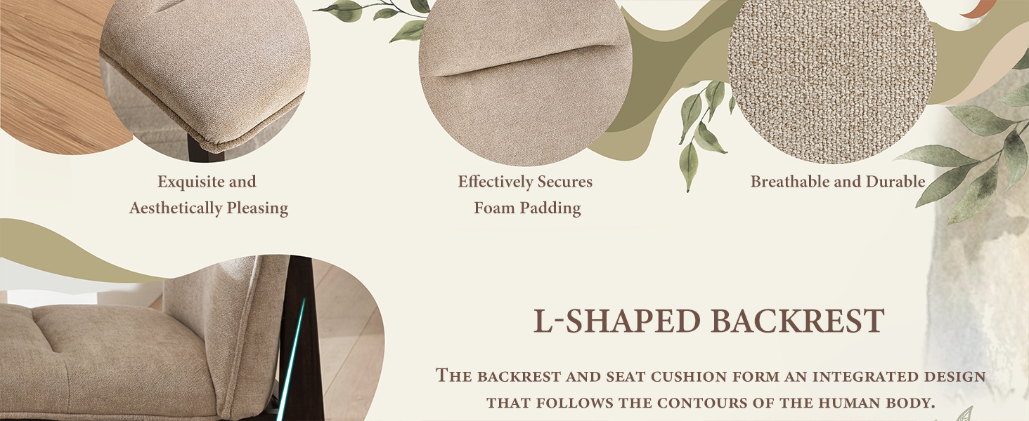 Text reads 'L-SHAPED BACKREST'. Diagram showing different fabric textures and patterns for furniture upholstery in neutral tones.