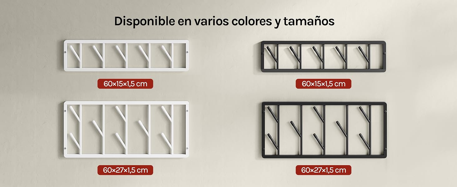 El texto dice «Disponible en varios colores y tamaños». Se muestran cuatro opciones de muestra de colores rectangulares en blanco y negro/oscuro con indicadores de variación de tamaño debajo de cada una.