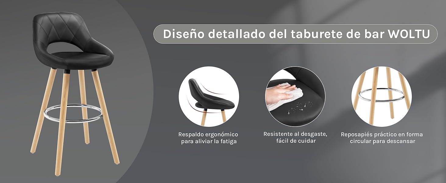 con asiento curvo negro, patas de madera. Cuenta con respaldo ergonómico, asiento acolchado y reposapiés. La infografía destaca la comodidad, la amortiguación