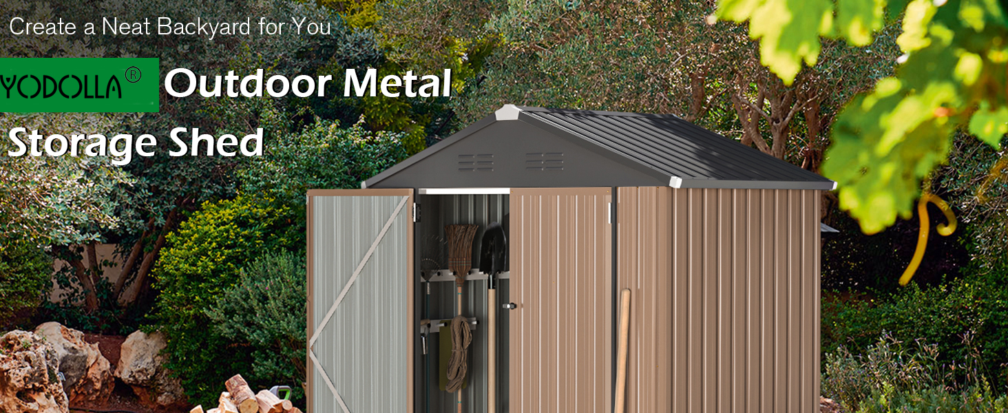 Outdoor metal storage shed with sloped roof and beige paneled walls. Image shows the shed in a garden setting with text overlay.