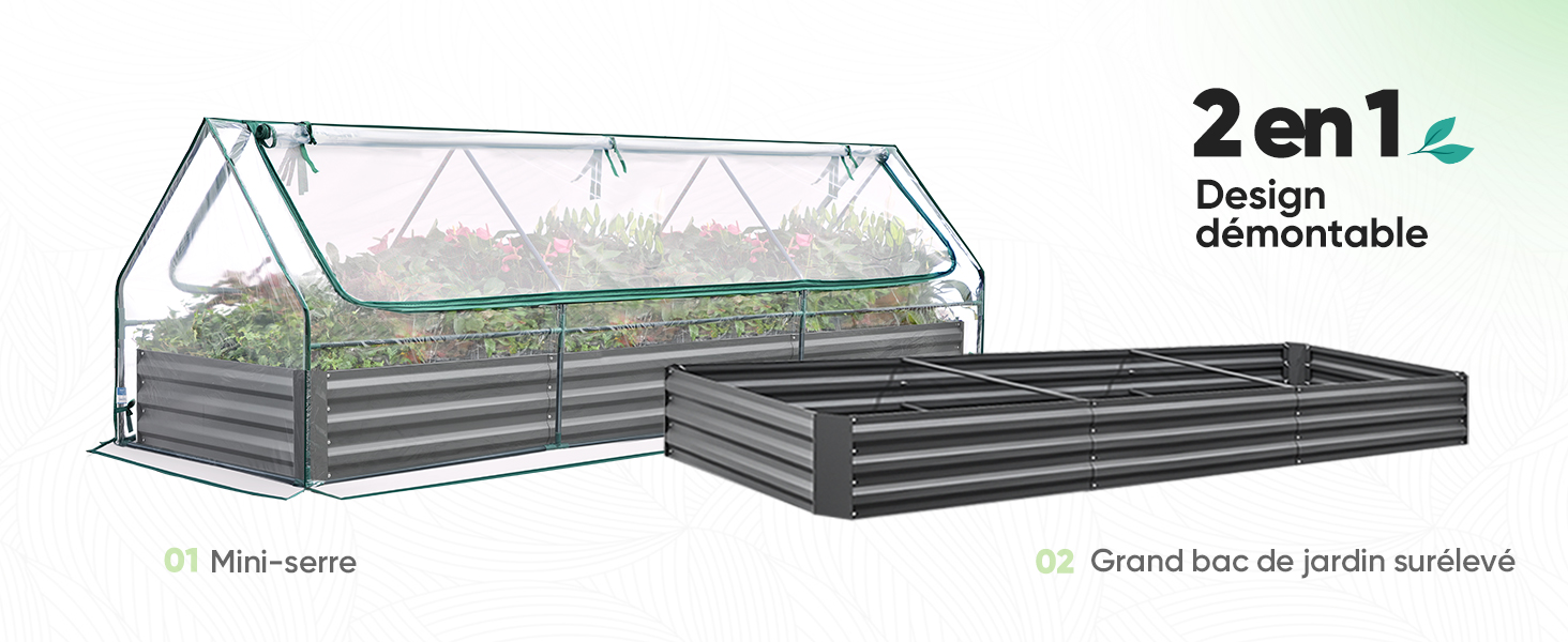Le texte se lit comme suit : « 2 en 1 ». Schéma technique du produit montrant une serre ou une structure de jardin avec plusieurs vues et spécifications de conception.