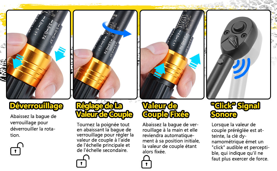 Schéma d'instructions montrant les différentes étapes d'utilisation d'un produit, avec diverses icônes et flèches indiquant le processus d'installation ou de configuration. Série d'illustrations techniques détaillées avec guidage directionnel.