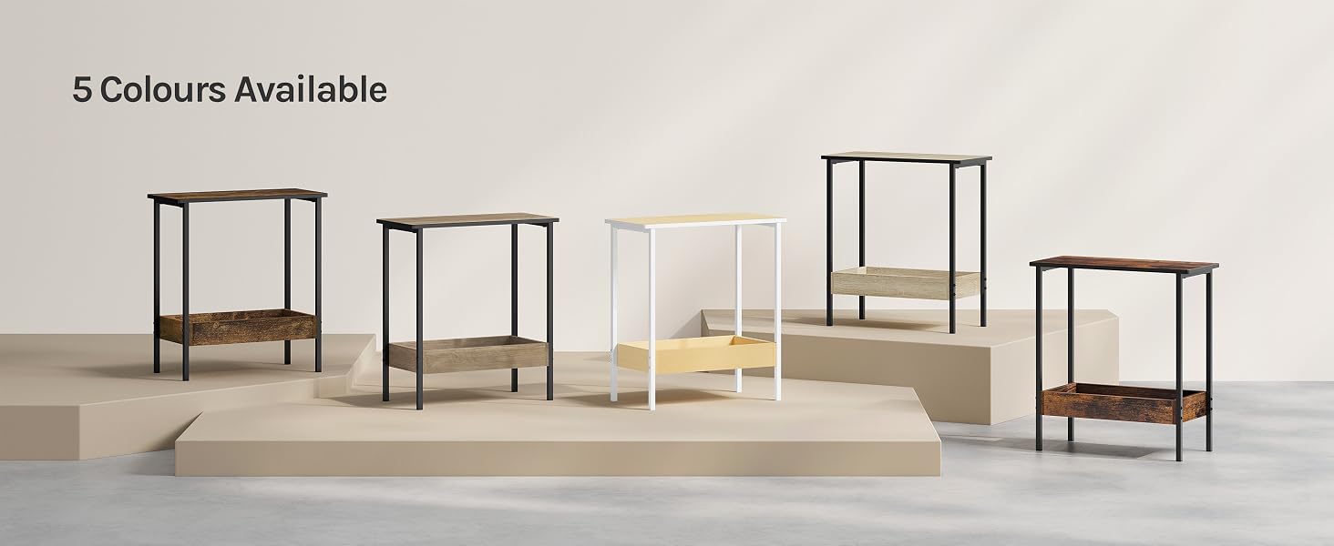 Text reads '5 Colours Available'. Series of product photos showing modular side tables or shelving units with two tiers in various wood tones and metal frames against light background.