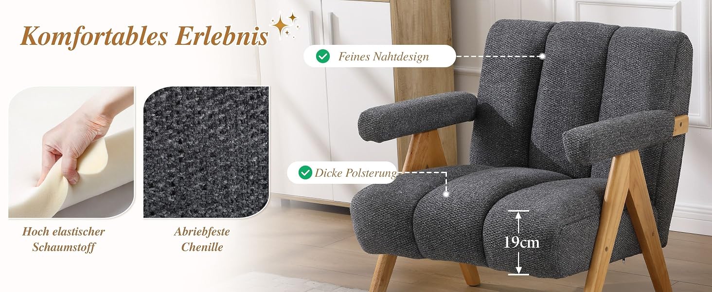 Der Text lautet „Komfortables Erlebnis“. Bilderserie mit dunkelgrauen Polstermöbeln mit Demonstration der Funktionen und Montageschritte.