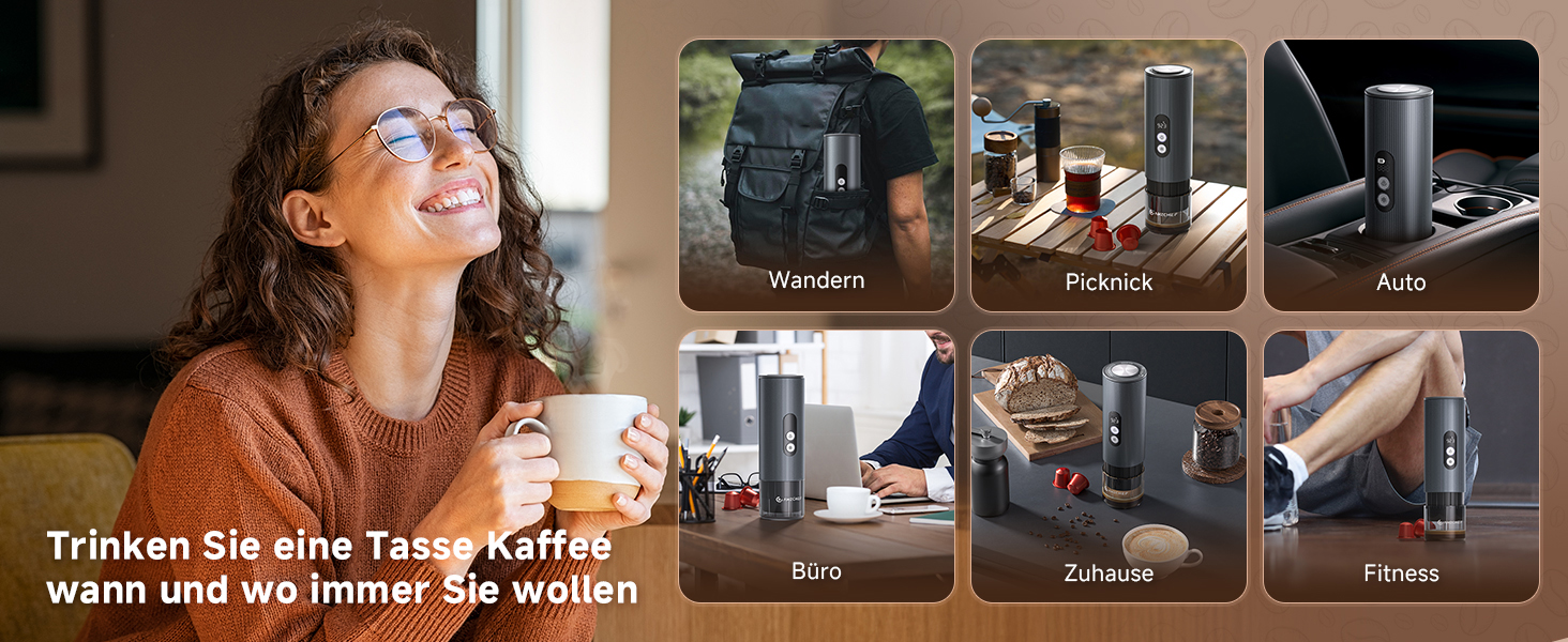 Demonstration des Kaffeezubereitungsprozesses auf mehreren Panels mit verschiedenen Schritten mit Geräten und Brühtechniken.