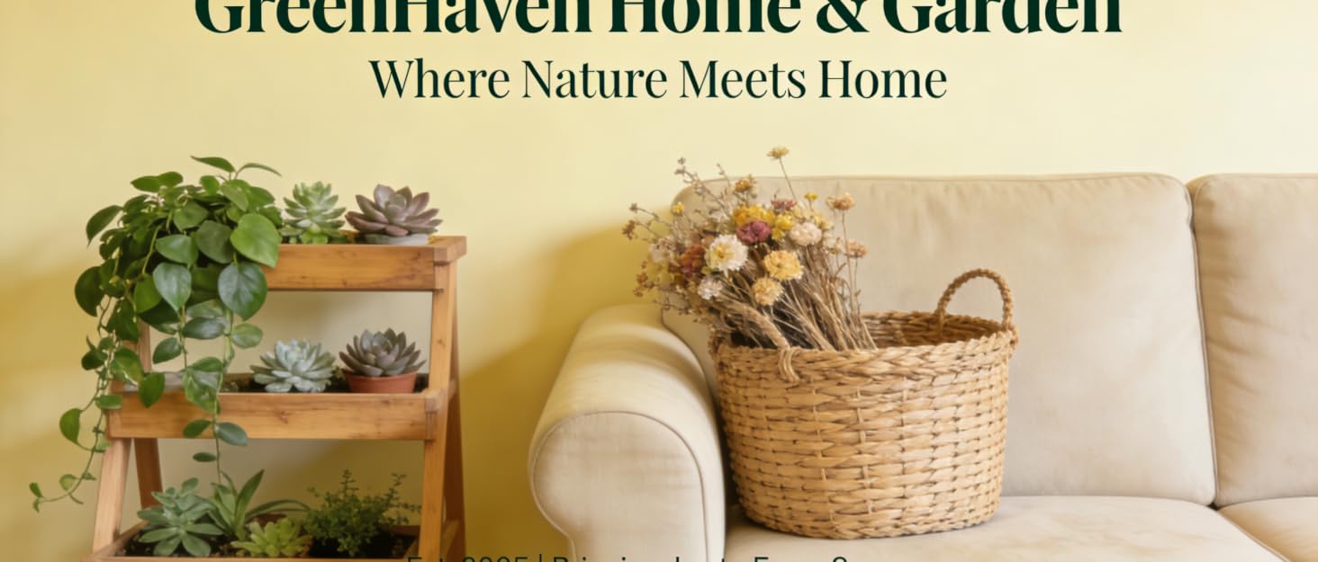 Text reads 'Greenhaven Home &amp; Garden' and 'Where Nature Meets Home'. Interior scene with potted plants on shelf, woven basket, neutral home décor demonstrating nature-inspired styling.