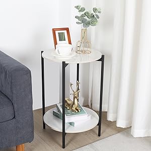 FATIVO Tavolino da Caffè Rotondo: Tavolino Salotto Comodino Camera da Letto  in marmo del Pietra Sinterizzata Alto Metallo Dorato Oro Stile Nordico 2  Ripiani per Soggiorno Giardino Casa 40x55cm : : Casa