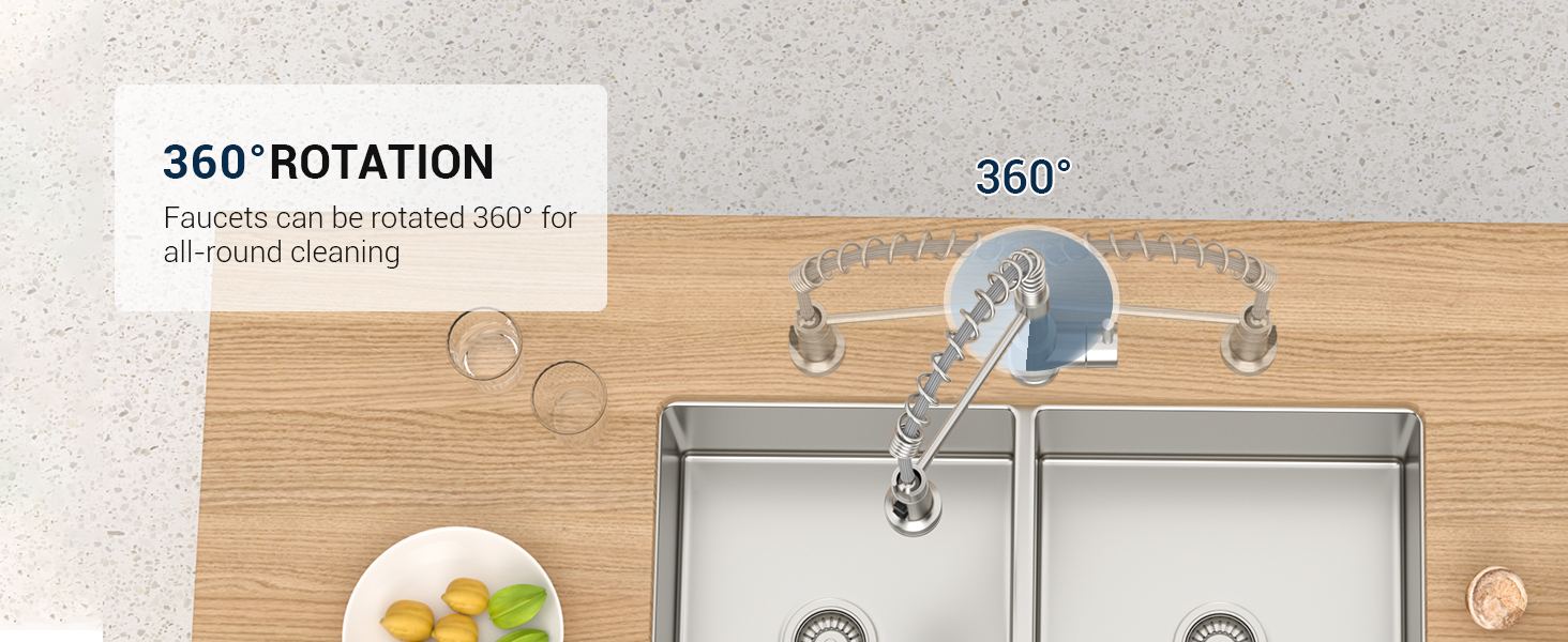 Diagram showing 360-degree rotation of a kitchen faucet over a double sink, with water droplet icons illustrating spray coverage.
