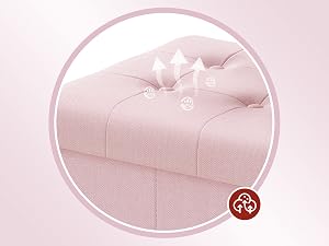 Primer plano de muebles tapizados en rosa con acolchado capitoné. Los iconos blancos indican la circulación del aire. En la esquina se ve un icono circular rojo con símbolos de árbol.