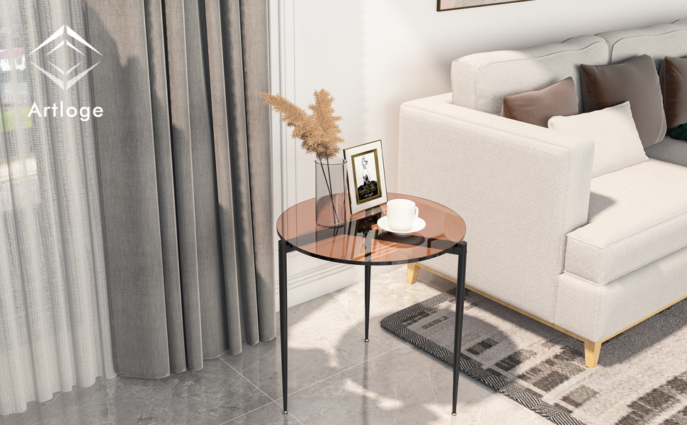 Artloge Petite Table Appoint Salon Bout Canapé Ronde Noir Verre Trempé Table Chevet Cadre Métal