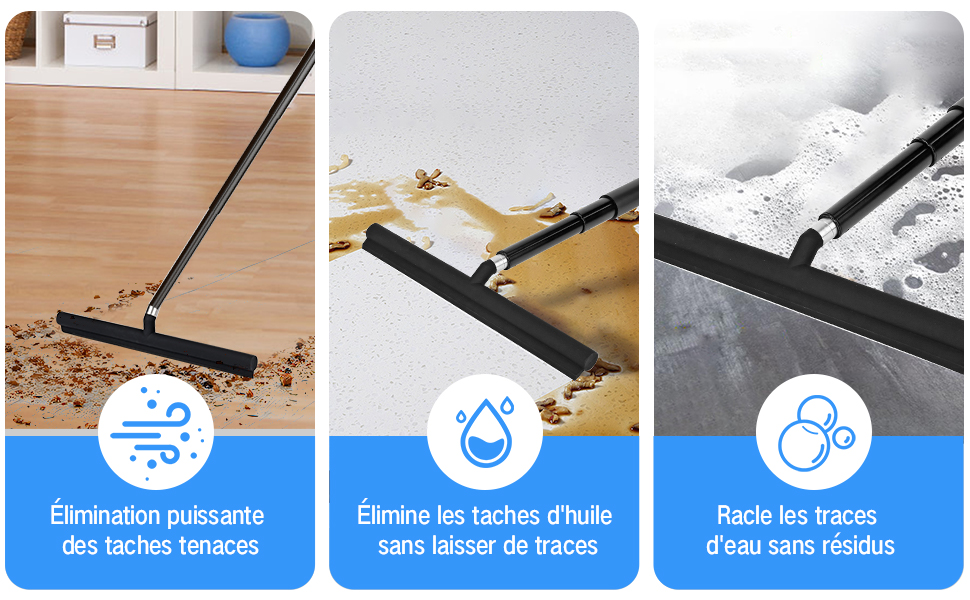 Illustrazione a tre riquadri che mostra uno strumento di pulizia che rimuove detriti, macchie d'olio e filigrane, con icone blu e testo in francese sotto.