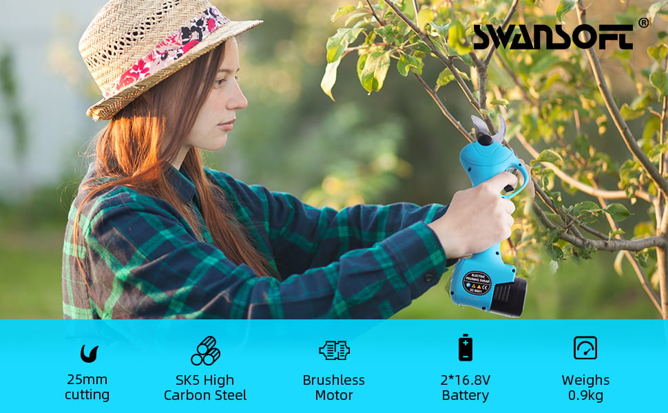 SWANSOFT Secateur electrique sans fil 22 mm, 7,2 V / 4 Ah, 0,3 s/coupe, 850  g sécateur léger pour le jardin SW-8620