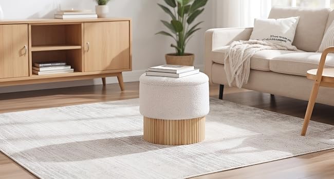 Salon contemporain avec tapis beige, meubles en bois et plantes décoratives. Design épuré et minimaliste avec éclairage naturel.