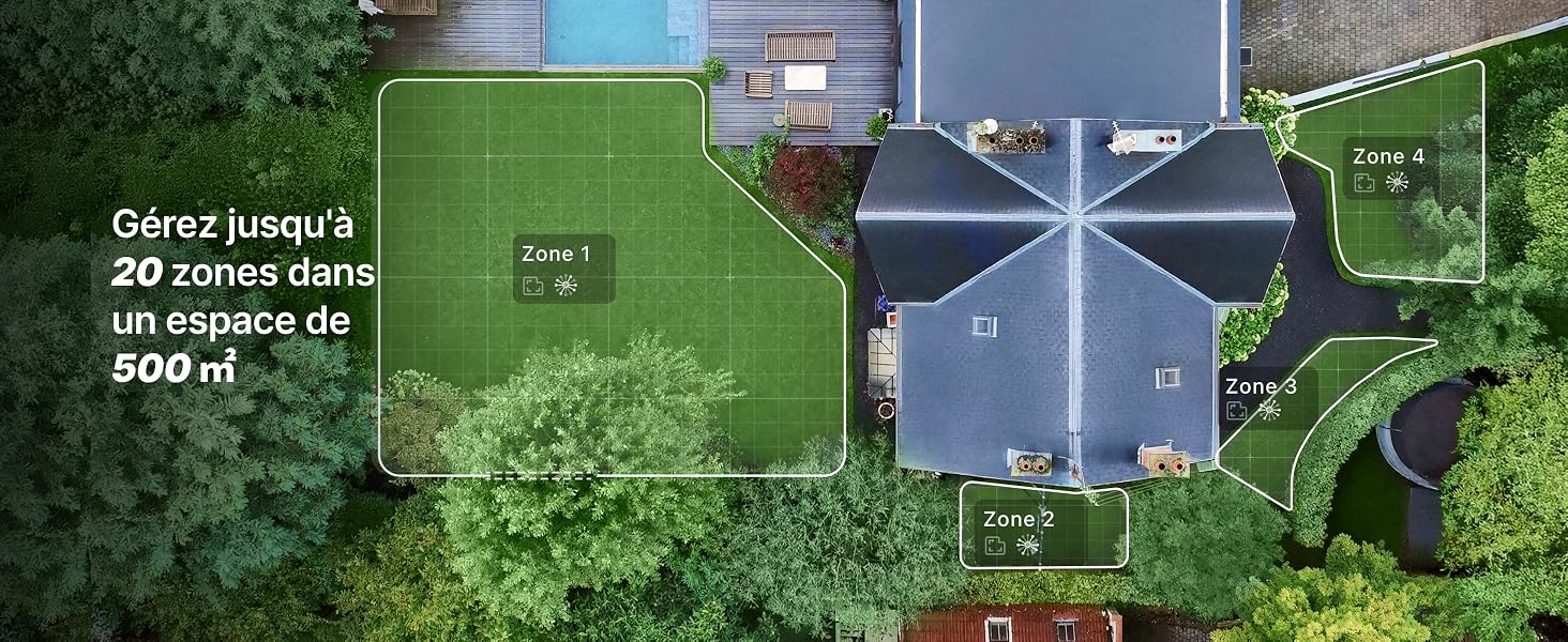 Le texte se lit comme suit : « Bon moment, 3 dimensions, avec style » Vue aérienne d'un plan architectural ou d'un plan du site montrant un plan de bâtiment en forme de croix avec un aménagement paysager vert.