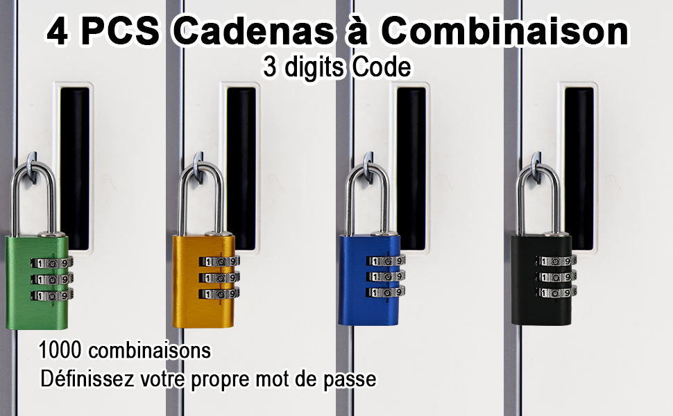 Juego de cuatro candados de combinación con códigos de 3 dígitos. Los candados tienen cuerpos de diferentes colores: verde, amarillo, azul y negro.