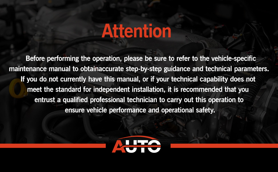 Text reads 'Attention' in red, followed by safety warning text about vehicle-specific maintenance manual and technical parameters. Black background with white and red text.