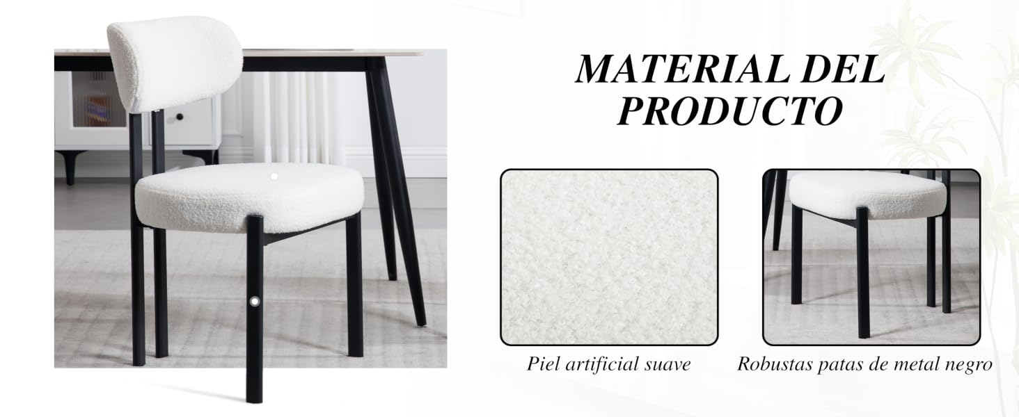 El texto dice «MATERIAL DEL PRODUCTIV». Muestra sillas blancas con un diseño moderno sobre un fondo blanco.