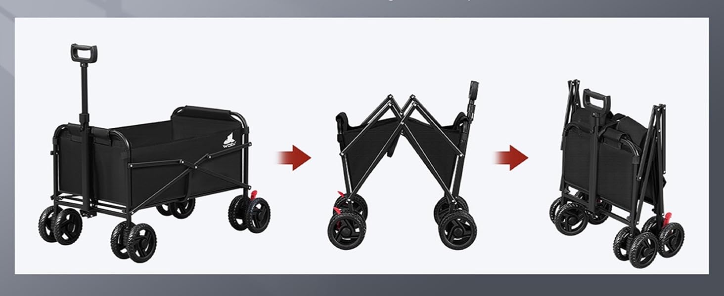 Collapsible utility wagon shown in three positions demonstrating folding mechanism. Black frame with wheels and 'Foldable' text above.