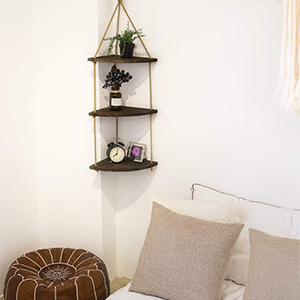Hanging Corner Wall Shelf Wood Rope Floating Shelves