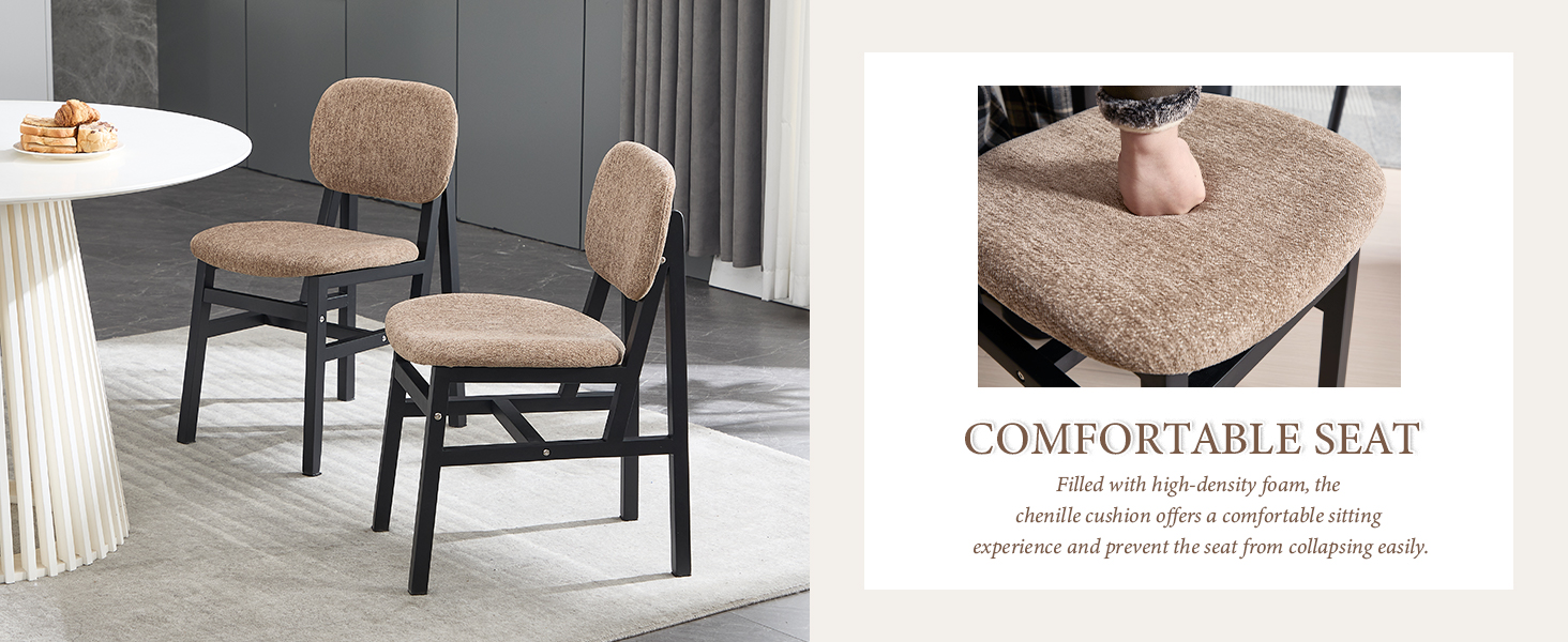 Text reads 'COMFORTABLE SEAT'. Series of product photos showing modern dining chairs with beige upholstery and black metal frames in different angles and arrangements.