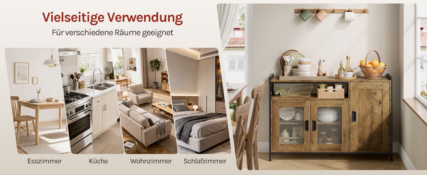 Der Text lautet „Vielseitige Verwendung“ und „Großartig für Ihr Leben mit Stil“. Ausstellung von Einrichtungsgegenständen und Aufbewahrungsmöbeln aus Holz mit Regalen, Körben und Raumorganisationslösungen aus Holz in neutralen Farbtönen.