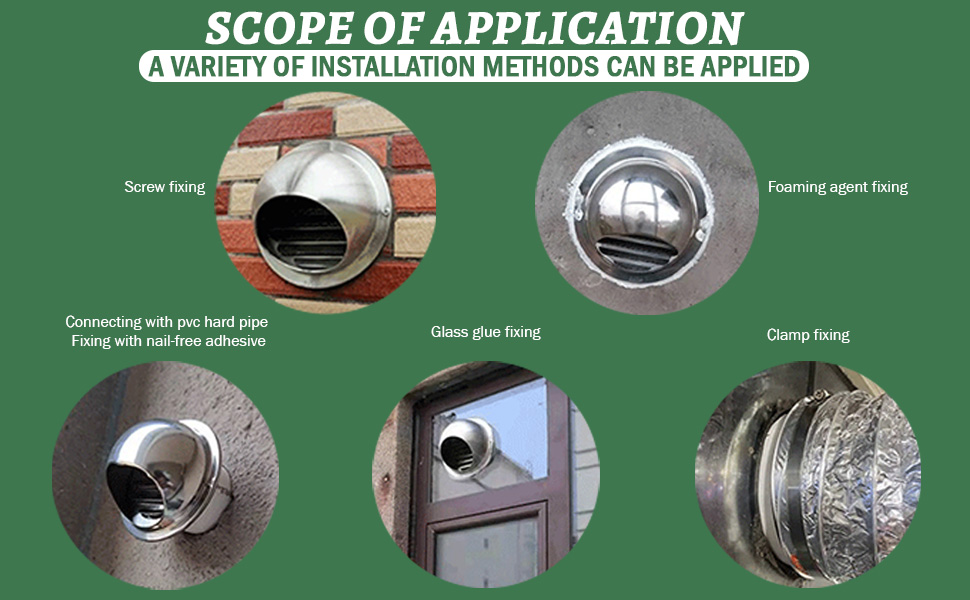 Guide d'installation présentant cinq méthodes de montage différentes pour les conduits circulaires ou les appareils d'aération, y compris le montage mural en brique, les raccords en verre et les options de raccords à pince.