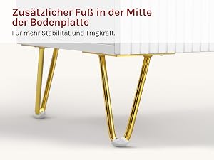 Weiße Tischplatte mit goldenen Haarnadelbeinen und zusätzlicher Mittelstütze. Der deutsche Text weist auf eine erhöhte Stabilität und Belastbarkeit
