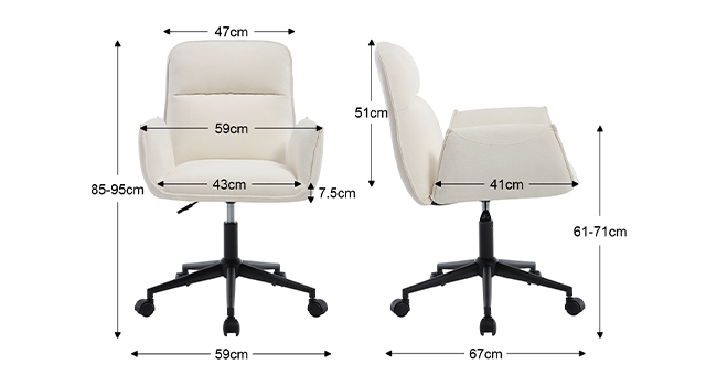 Schéma technique montrant les dimensions de la chaise de bureau : 47 cm de largeur, 51 cm de profondeur, hauteur réglable de 83 à 94 cm, avec des mesures détaillées pour les composants de l'assise et du dossier.
